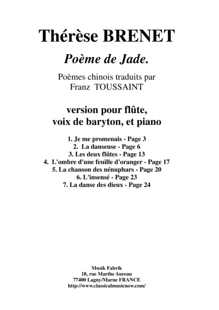 Thérèse Brenet: Poème de Jade, seven mélodies on Chinese Poems for baritone, flute solo and orchestr