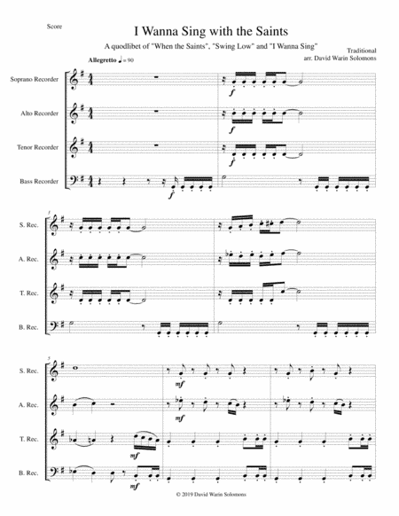 I wanna sing with the saints for recorder quartet (arr. David Warin Solomons)