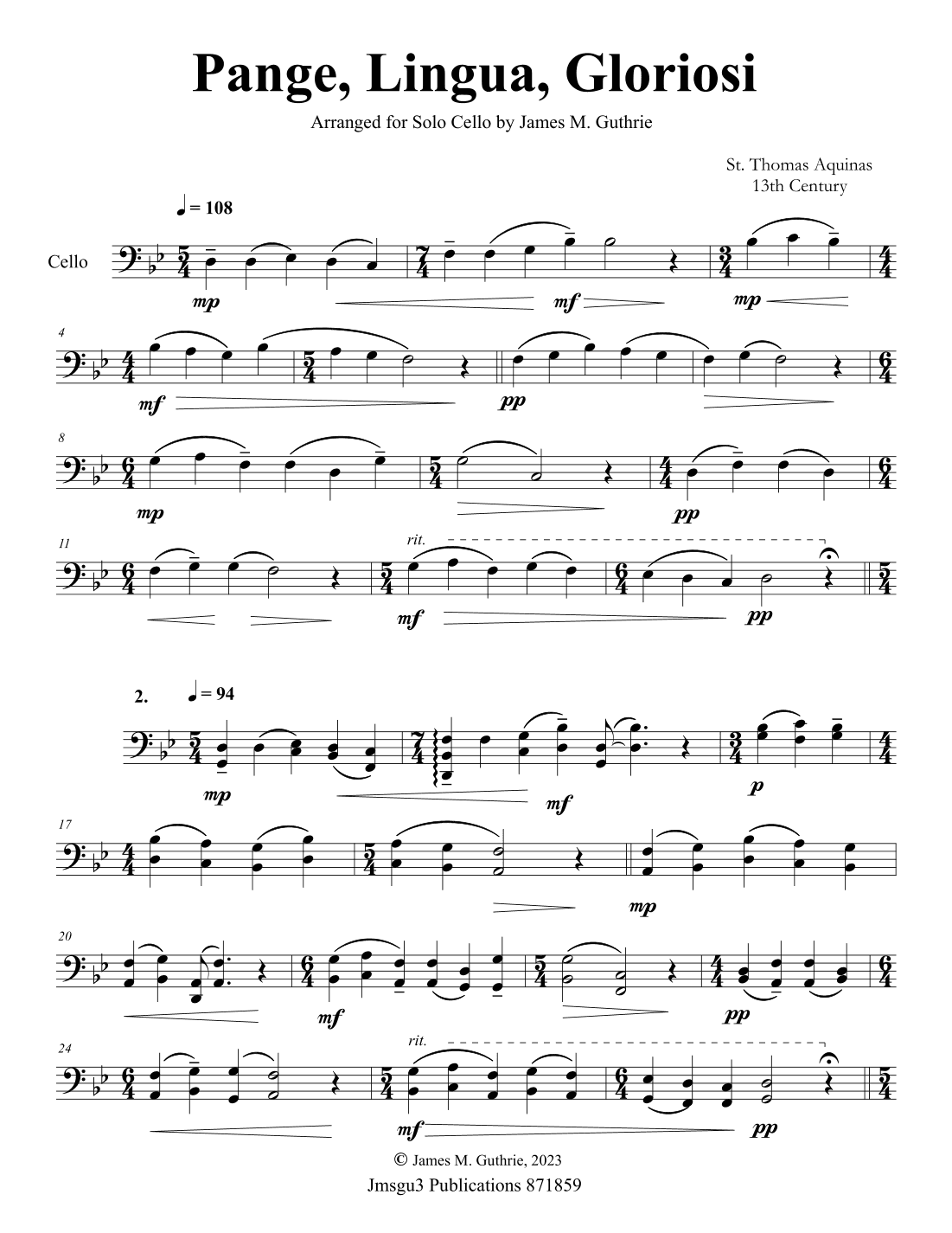 St. Thomas Aquinas: Pange, Lingua, Gloriosi for Solo Cello (arr. James M. Guthrie)