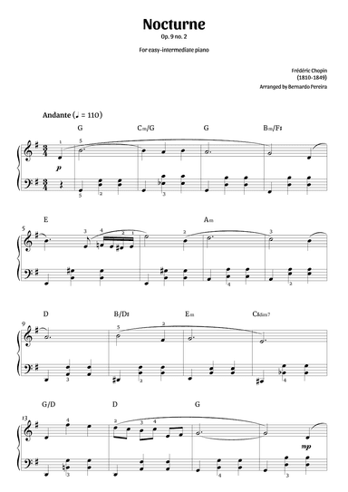 Nocturne Op. 9 no. 2 (easy-intermediate piano – G major) (arr. Bernardo Pereira)