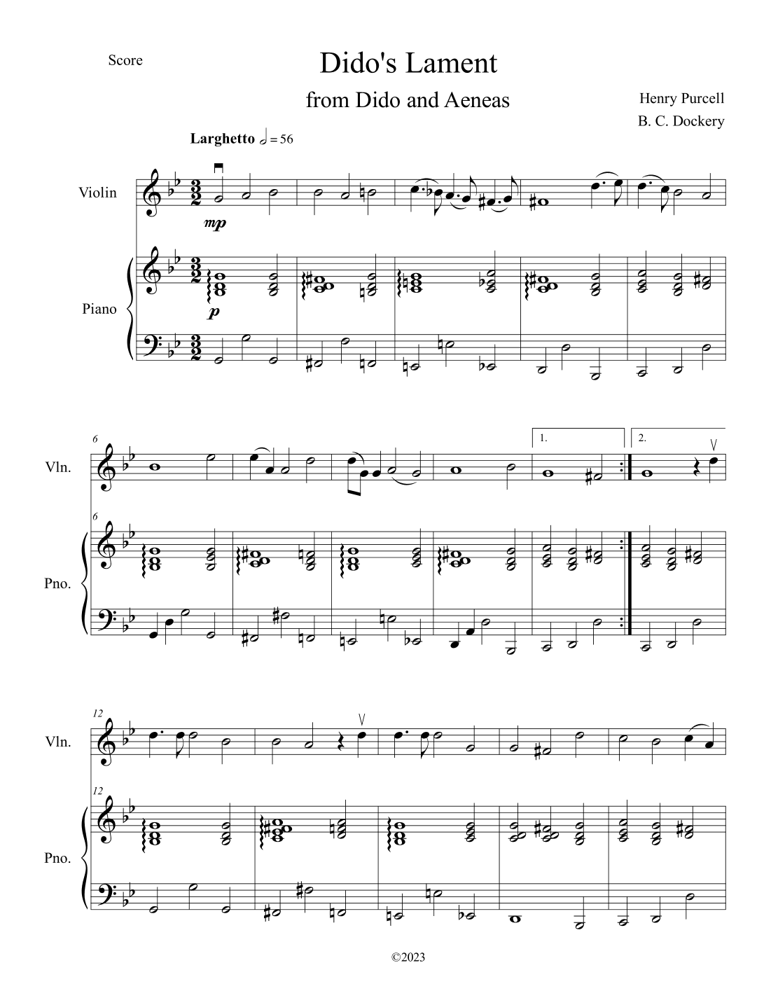 Dido's Lament (Violin Solo with Piano Accompaniment) (arr. B. C. Dockery)