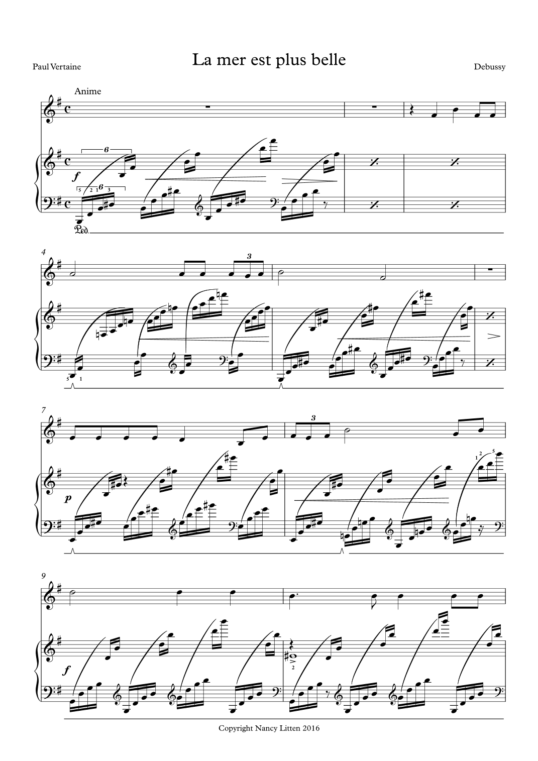 La mer est belle, piano accompaniment (for small hands) (arr. Nancy Litten)