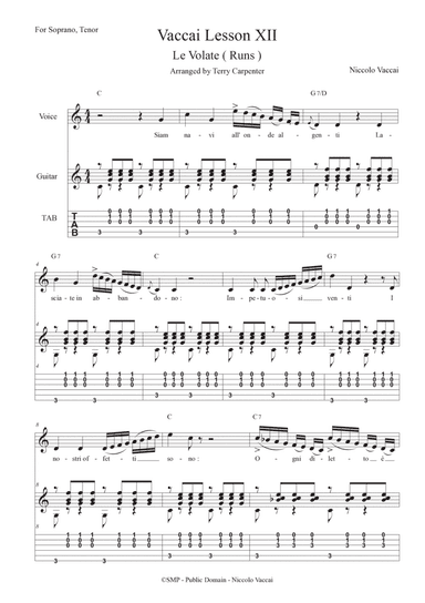 Vaccai - Lesson 12 Le Volate ( Runs ). For tenor and soprano voice with guitar (arr. Terry Carpenter)