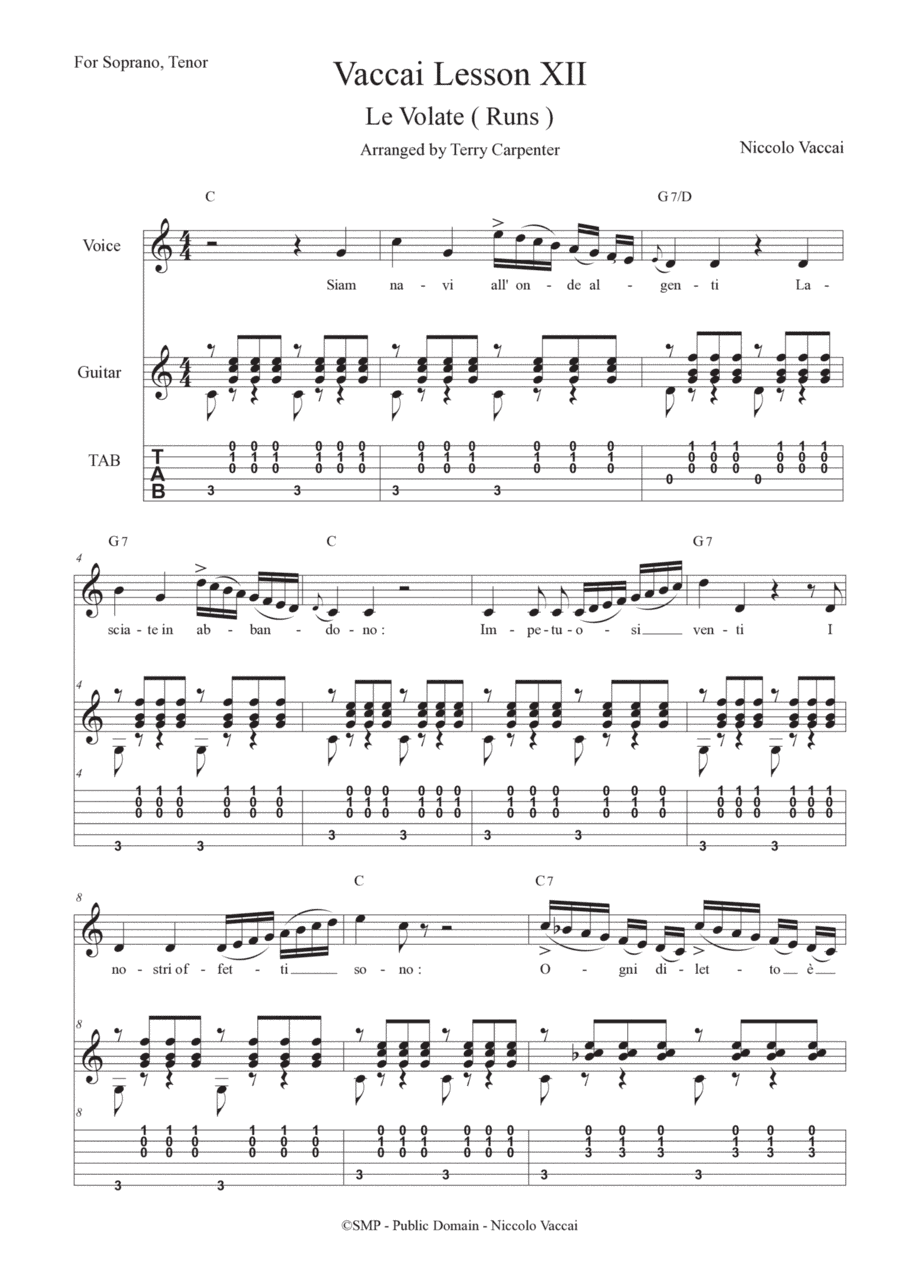Vaccai - Lesson 12 Le Volate ( Runs ). For tenor and soprano voice with guitar (arr. Terry Carpenter)