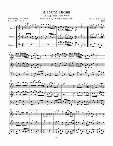Alabama Dream (Cakewalk), by George D. Bernard (1899), arranged for 2 Flutes & Bassoon (arr. J.W. Carter)