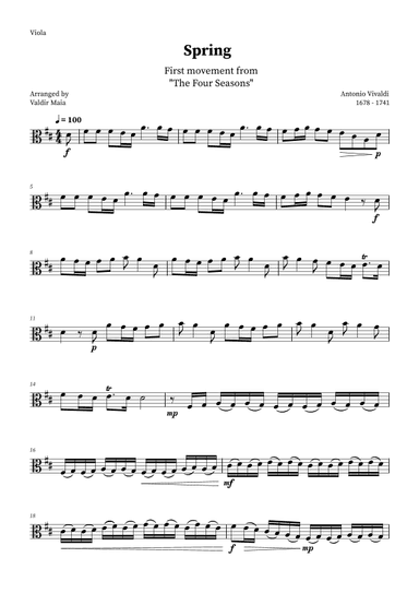 Spring - The Four Seasons for Viola Solo (D Majors) (arr. Valdir Maia)