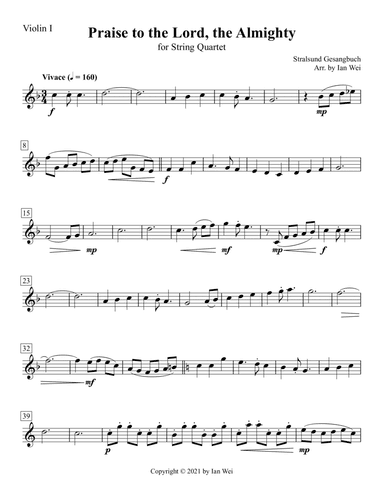 Praise to the Lord, the Almighty for String Quartet (arr. Ian Wei)