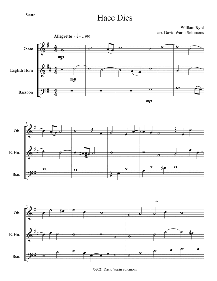 Haec Dies a 3, for double reed trio (arr. David Warin Solomons)