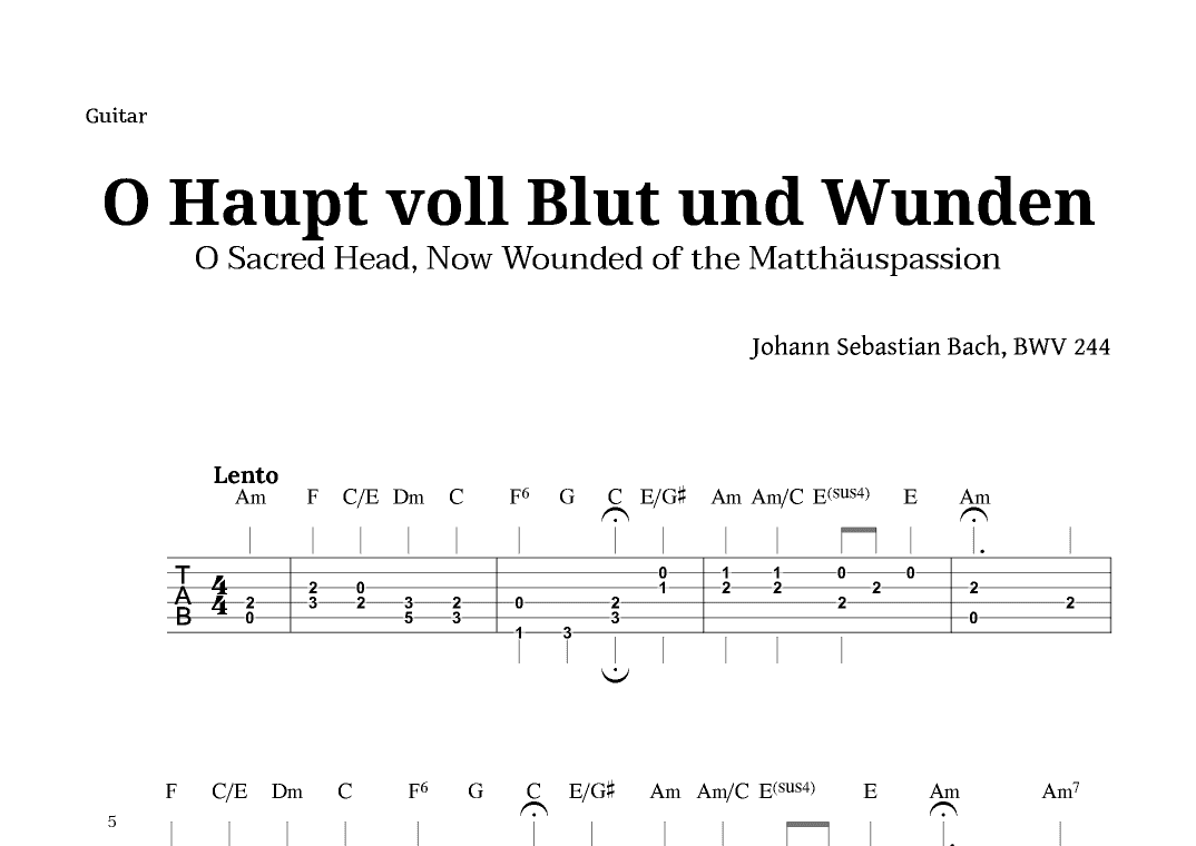 Sacred Head, Now Wounded by Bach for Guitar TAB with Chords (arr. Langanho)