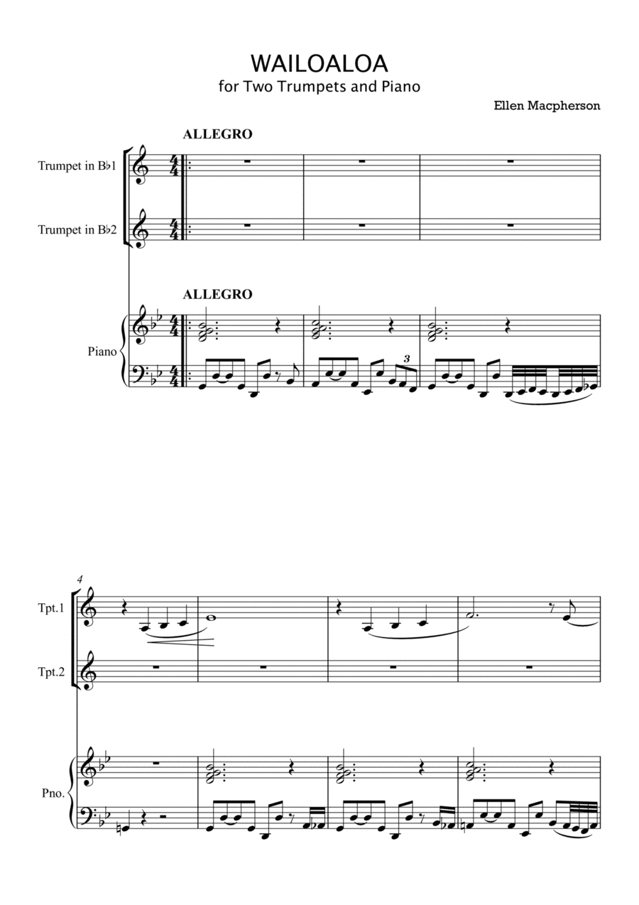 WAILOALOA FOR TRUMPET DUET AND PIANO