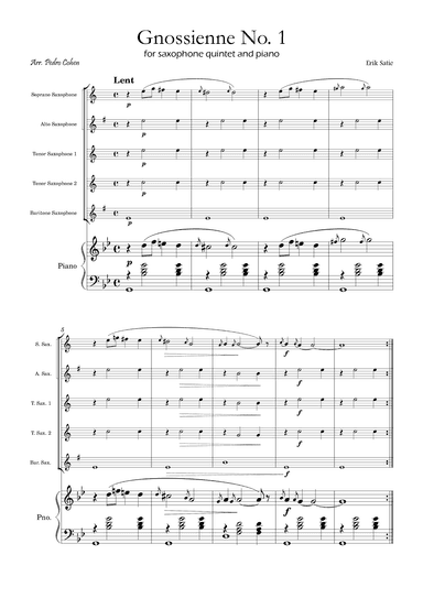 Gnossienne No. 1 – for Saxophone Quintet and Piano (arr. Pedro Cohen)