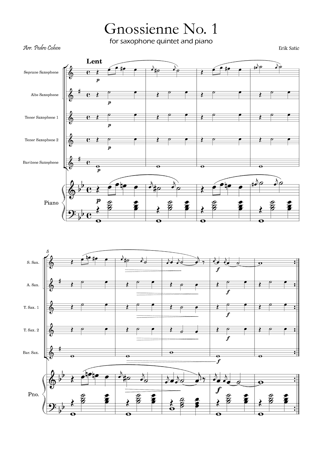 Gnossienne No. 1 – for Saxophone Quintet and Piano (arr. Pedro Cohen)