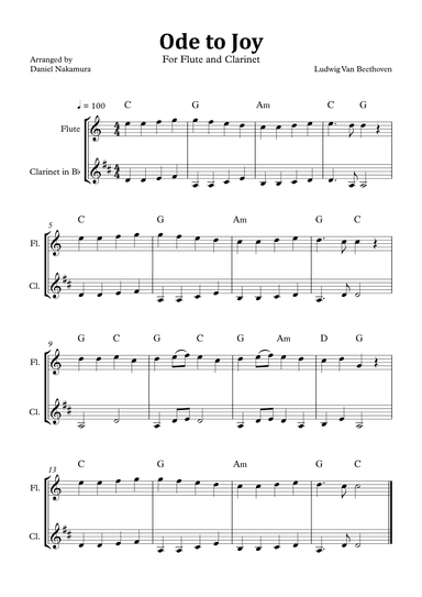 Ode to Joy (Easy Flute and Clarinet in Bb) (arr. Daniel Nakamura)