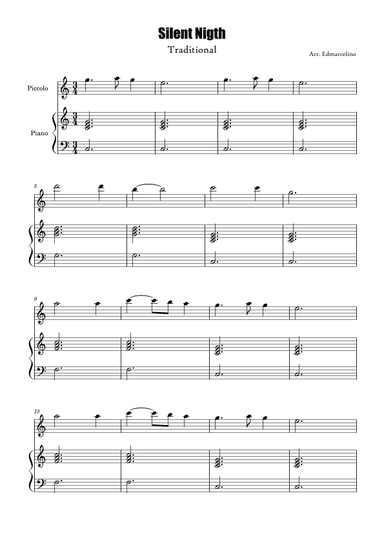 Piccolo Sheet Music for Christmas Song "Silent Nigth" to Beginners/Intermediate (arr. Edmarcelino)