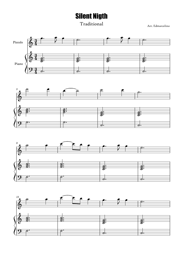 Piccolo Sheet Music for Christmas Song "Silent Nigth" to Beginners/Intermediate (arr. Edmarcelino)