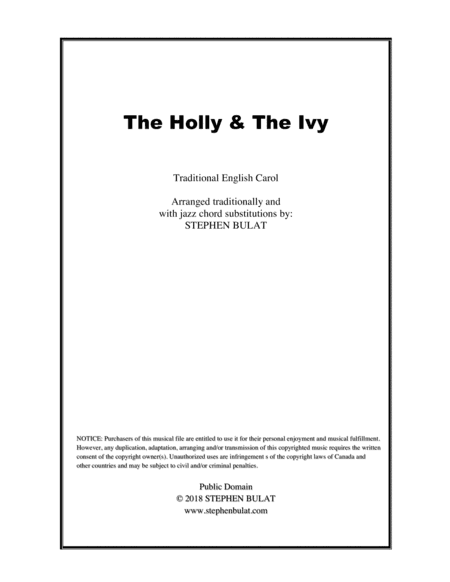The Holly And The Ivy - Lead sheet arranged in traditional and jazz style (key of G) (arr. Stephen Bulat)