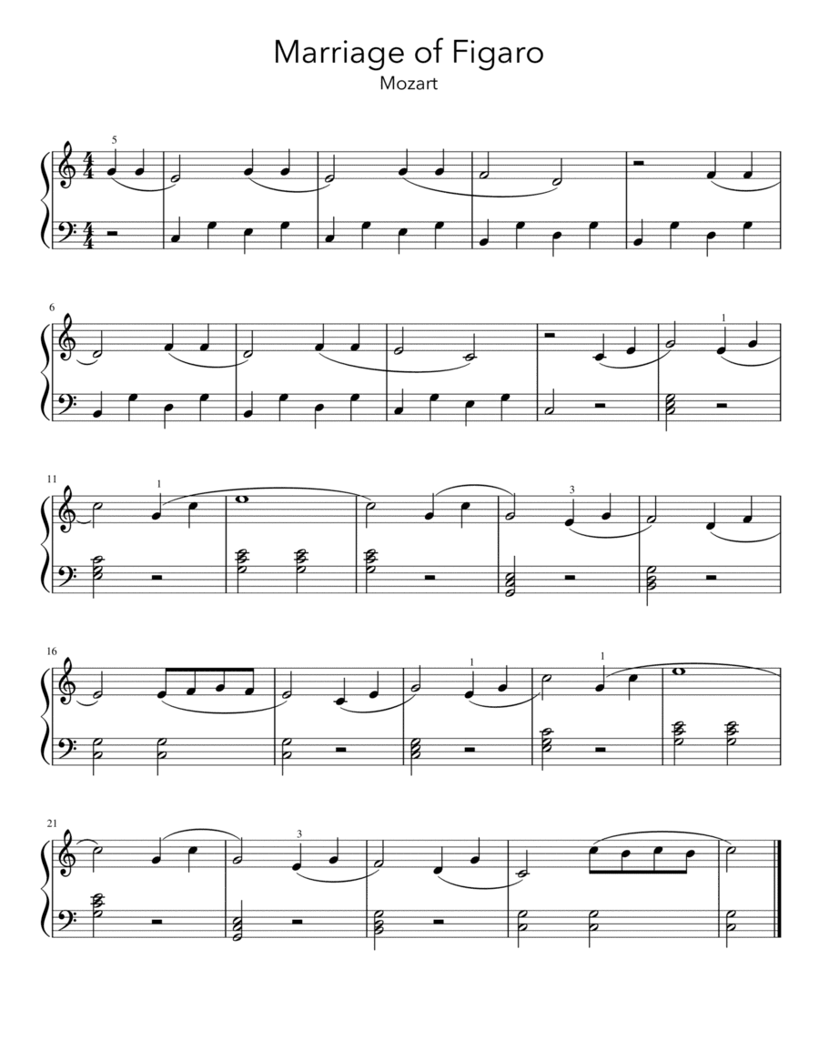 Theme from Marriage of Figaro (Mozart) - Easy Beginner Piano Sheet Music (arr. Dennis Cheng)