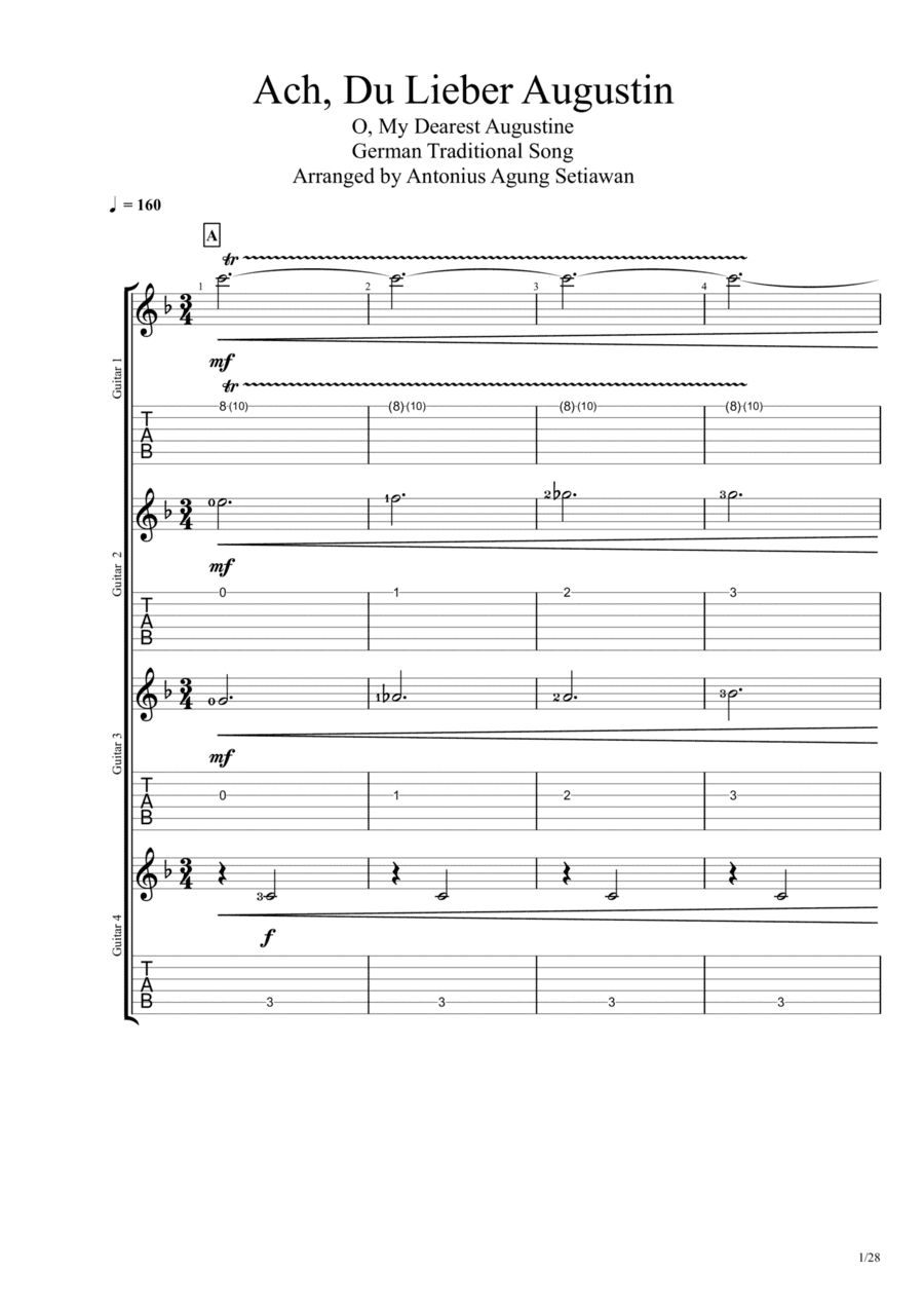 Ach Du Lieber Augustin (O My Dearest Augustine) (Quartet Guitar Tablature) (arr. Antonius Agung Setiawan)