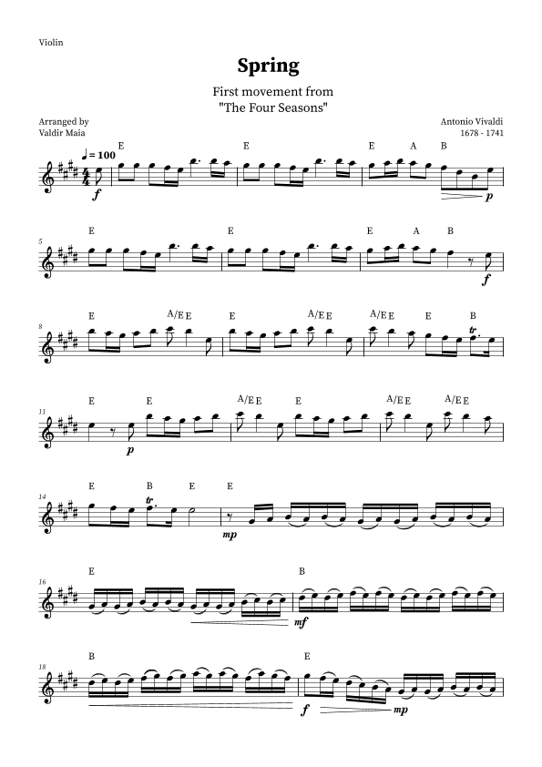 Spring - The Four Seasons for Violin Solo (E Major with chords) (arr. Valdir Maia)