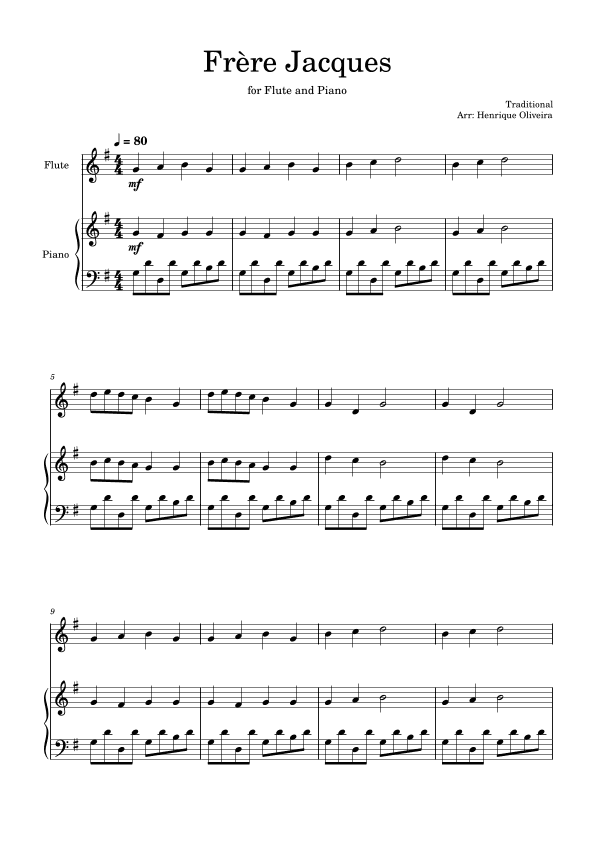 Frère Jacques (Flute and Piano) - Beginner Level (arr. Henrique Oliveira)