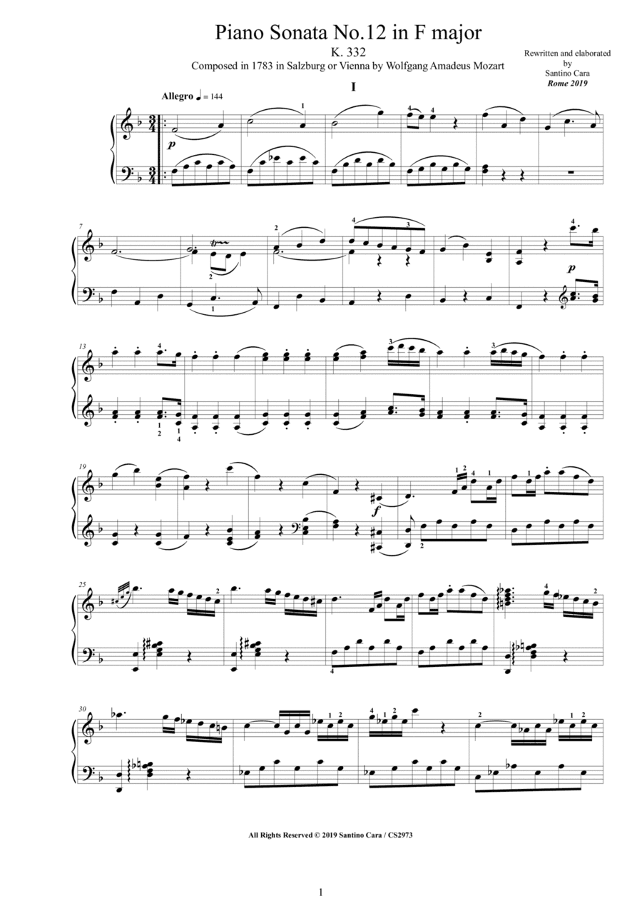 Mozart - Piano Sonata No.12 in F major K 332 - Complete score (arr. Santino Cara)