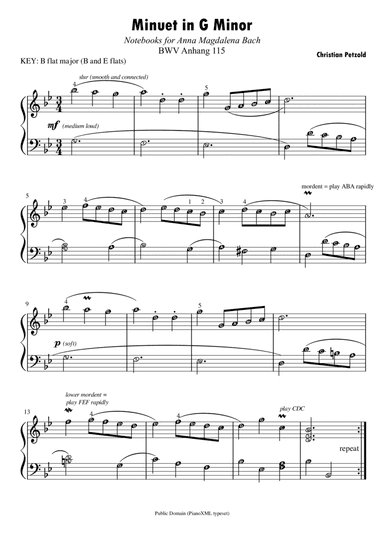 Minuet in G Minor by J. S. Bach | Piano Solo Baroque Grade 3 with note names and terms (arr. Published Harmony Valarie)