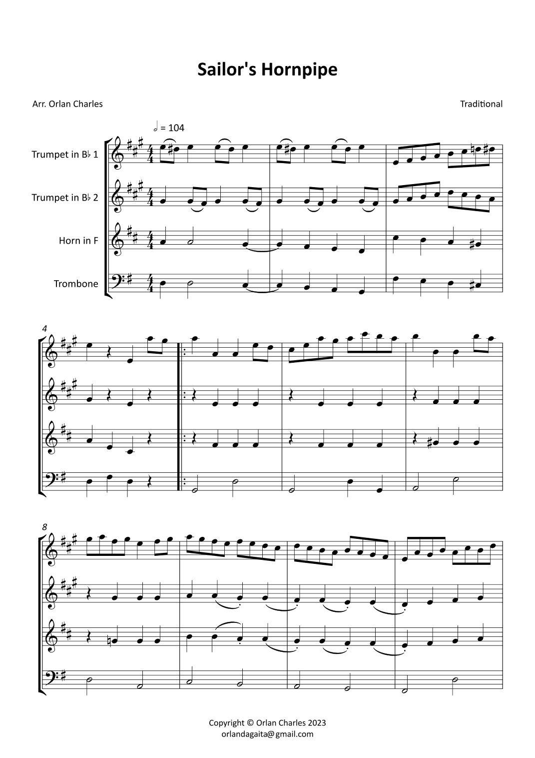 Sailor's Hornpipe - arranged for brass quartet (arr. Orlan Charles)