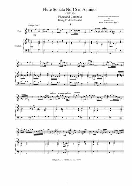 Handel - Flute Sonata No.16 in A minor HWV 374 Op.1 for Flute and Cembalo or Piano (arr. Santino Cara)