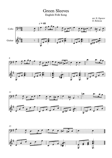 Green Sleeves, English Folk Song, For Cello & Guitar
