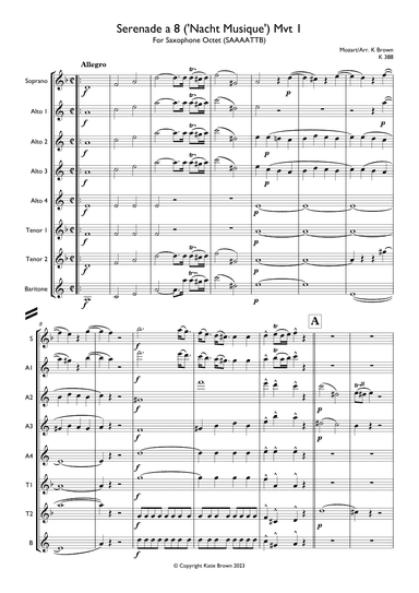 Serenade a 8 ('Nacht Musique') Mvt 1 - Saxophone Octet (SAAAATTB) (arr. Katie Brown)