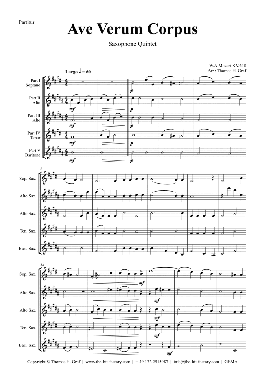 Ave Verum Corpus - W.A. Mozart - orig. Key  D - Saxophone Quintet (arr. Thomas Graf)