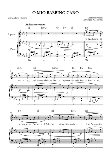 O Mio Babbino Caro | Female Voice Soprano | E-flat Major | Piano accompaniment | Pedal | Chords (arr. Milanov)