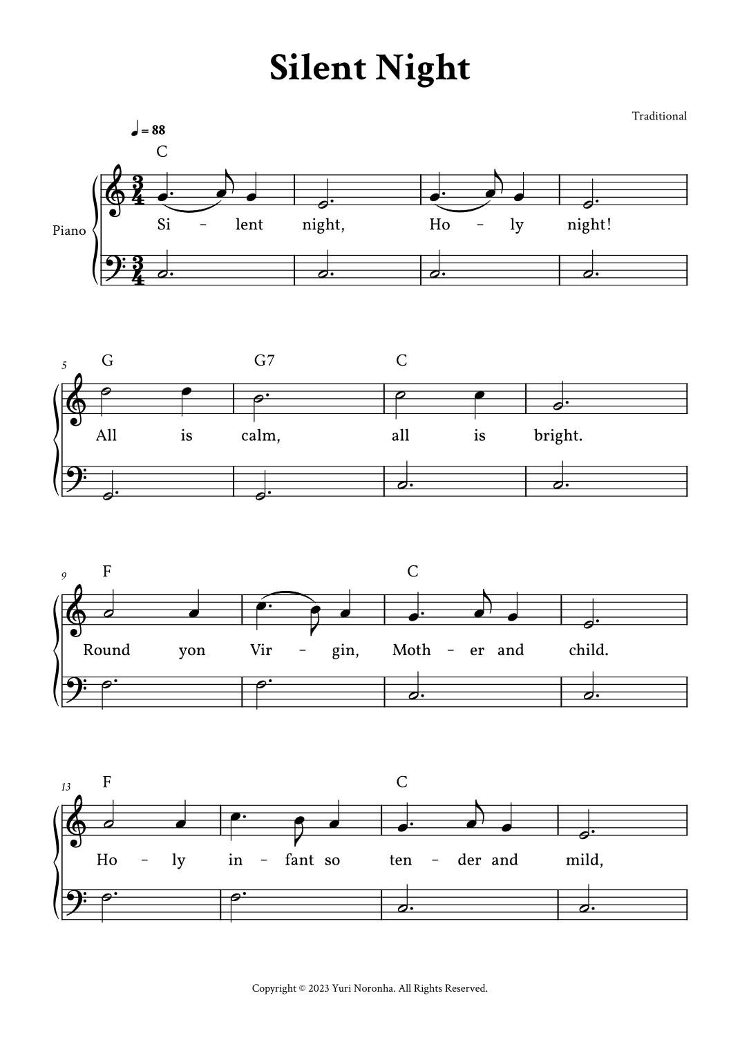 Silent Night - Easy Piano in C (with Lyrics) (arr. Yuri Noronha)