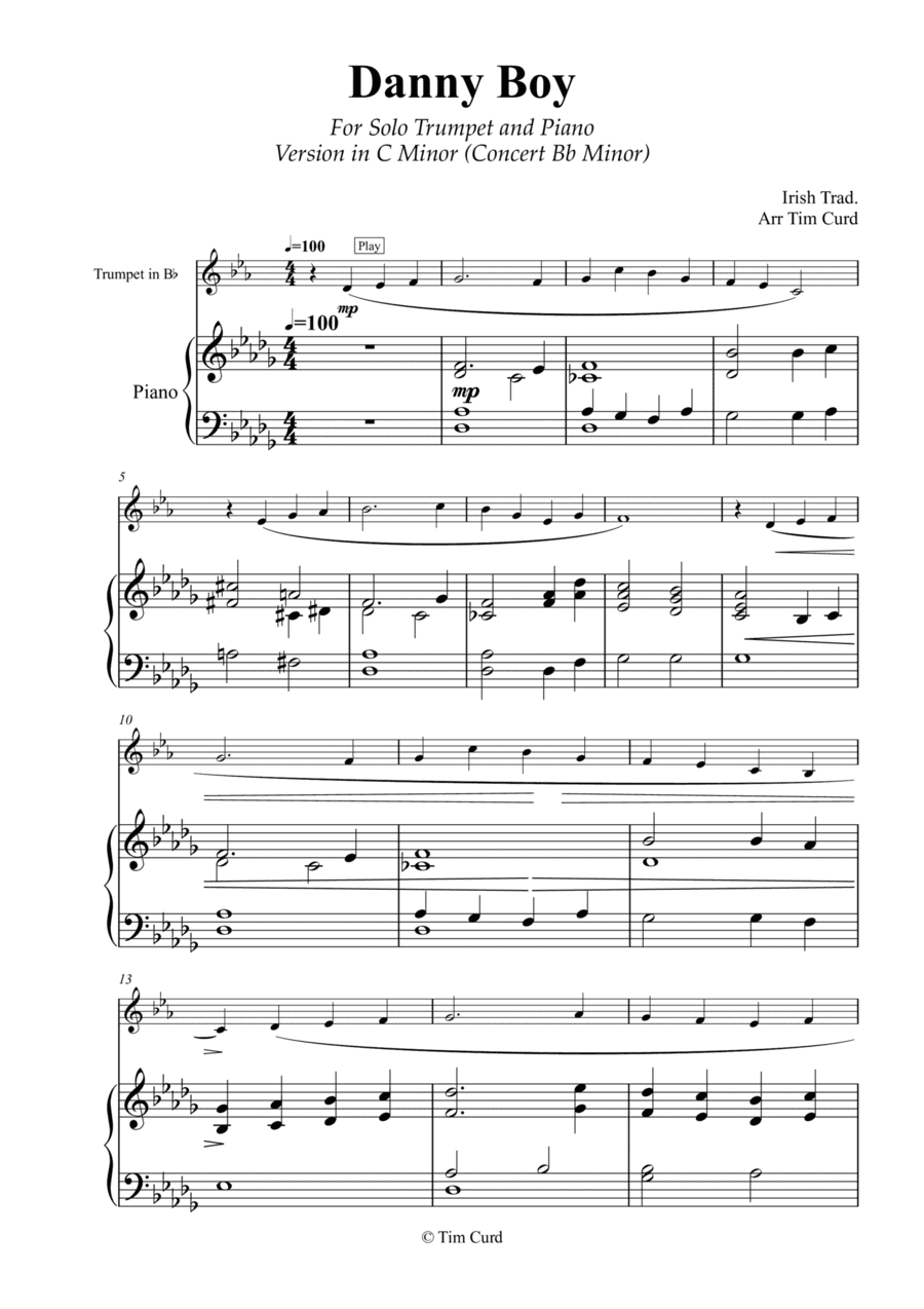 Danny Boy for Solo Trumpet in Bb and Piano. C Minor Version (Concert Bb Minor) (arr. Tim Curd)