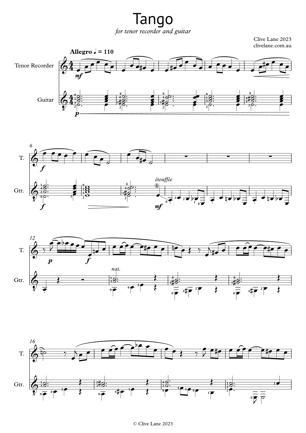 Tango for tenor recorder and guitar