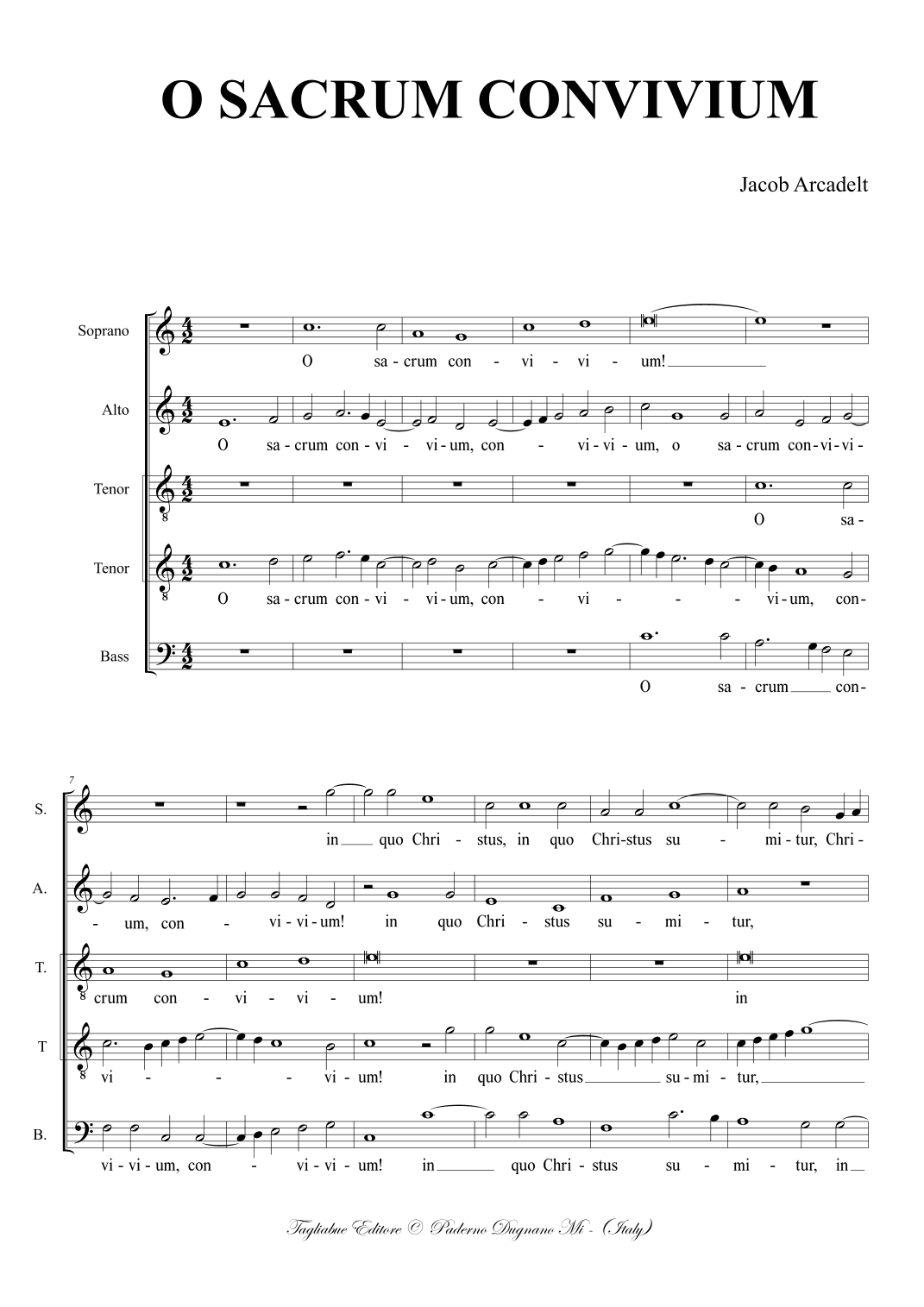 Jacob Arcadelt. O SACRUM CONVIVIUM for SATTB Choir (arr. Renato Tagliabue)