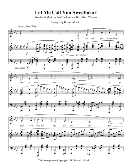 Let Me Call You Sweetheart Piano Solo or Low Voice and Piano (arr. Brian Lockard)
