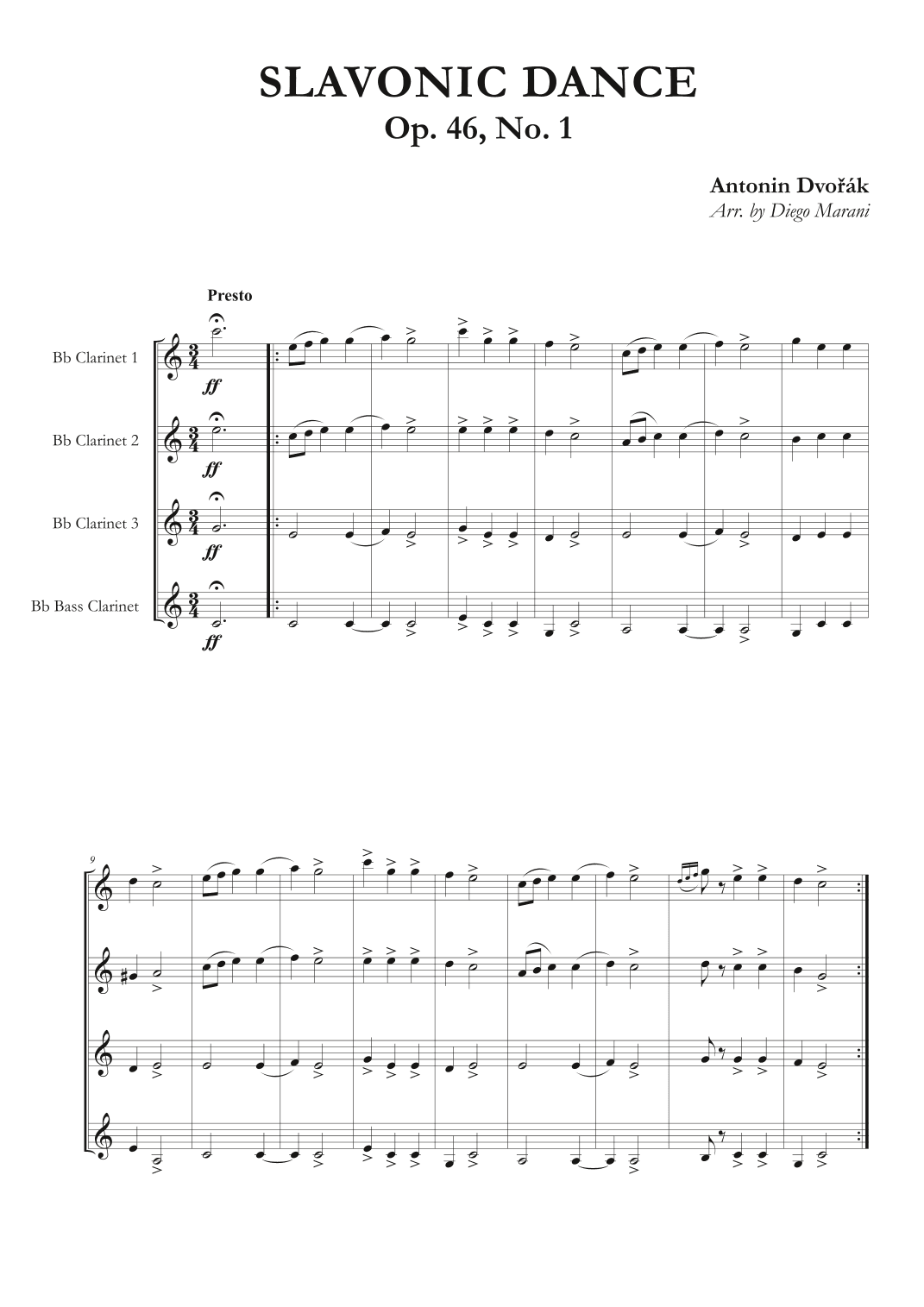 Slavonic Dance Op. 46,  No. 1 for Clarinet Quartet (arr. Diego Marani)