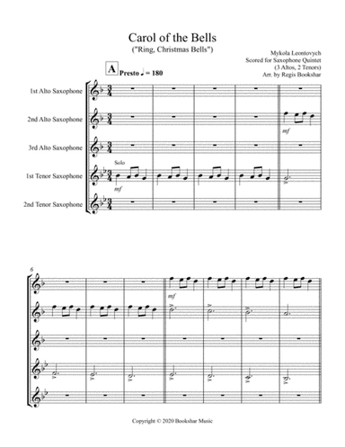 Carol of the Bells (F min) (Saxophone Quintet - 3 Alto, 2 Ten) (arr. Regis Bookshar)