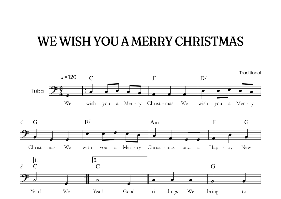 We Wish You a Merry Christmas for tuba • easy Christmas sheet music with chords and lyrics (arr. Benzaiten Editions)