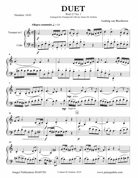 Beethoven: Three Duets WoO 27 for Trumpet & Cello (arr. James M. Guthrie, ASCAP)