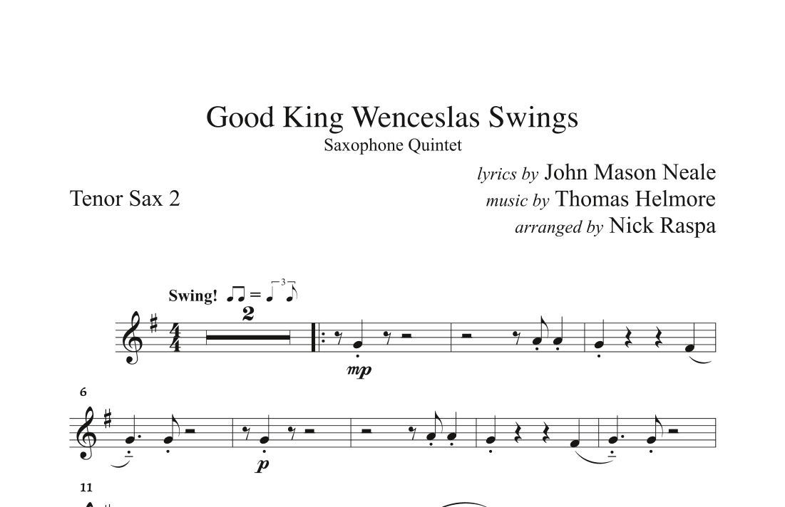 Good King Wenceslas Swings (easy sax quintet AATTB) Tenor Sax 2 part (arr. Nick Raspa)