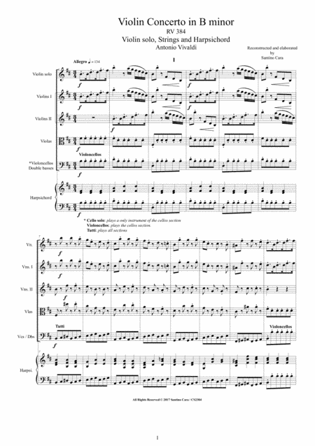 Vivaldi - Violin Concerto in B minor RV 384 for Violin, Strings and Harpsichord (arr. Santino Cara)