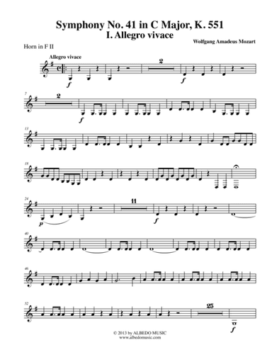 Mozart Symphony No. 41, Jupiter, Movement I - Horn in F 2 (Transposed Part), K. 551 (arr. Doug Clyde)