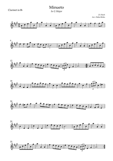 Minueto in G Major ( J.S. Bach) for Clarinet in Bb Solo (arr. Fabio Britto)