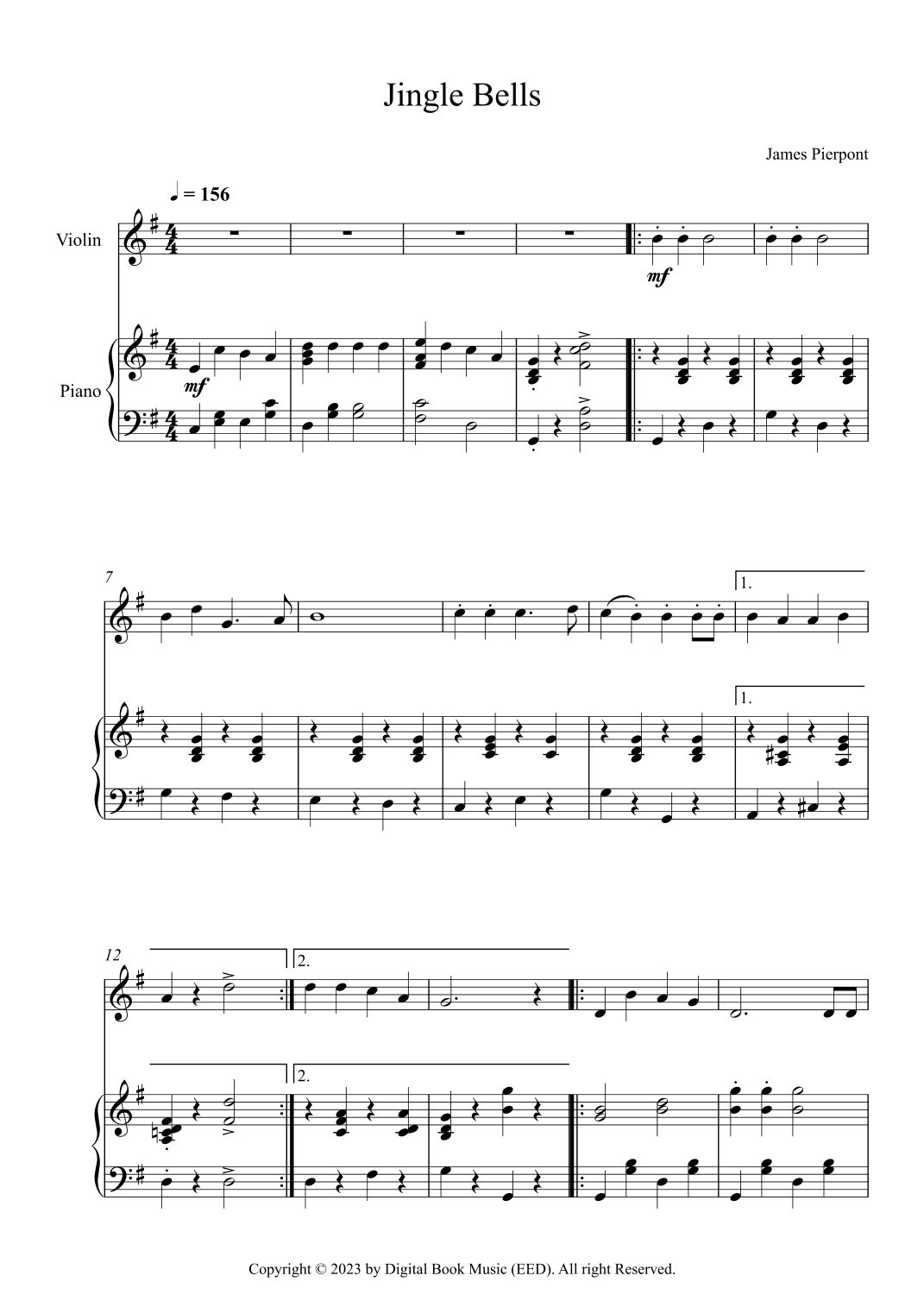 Jingle Bells, James Pierpont (Violin + Piano) (arr. Digital Book Music)