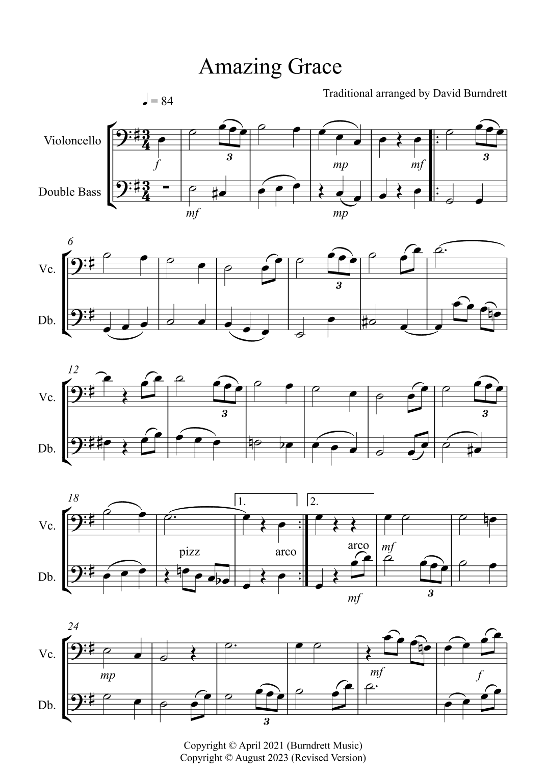 Amazing Grace for Cello and Double Bass Duet (arr. David Burndrett)