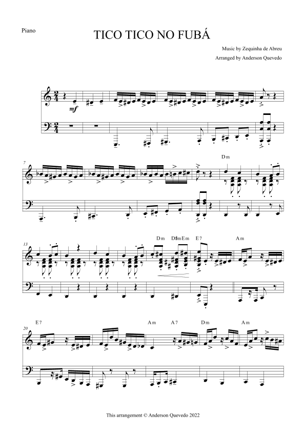 Tico Tico no Fubá by Zequinha de Abreu for Piano Solo (arr. Anderson Quevedo)