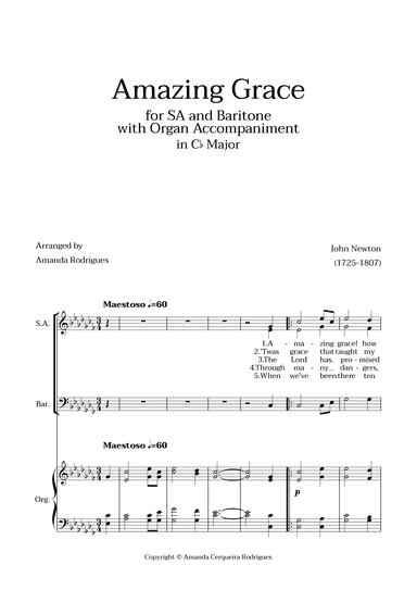 Amazing Grace in Cb Major - SA and Baritone with Organ Accompaniment (arr. Amanda Cerqueira Rodrigues)