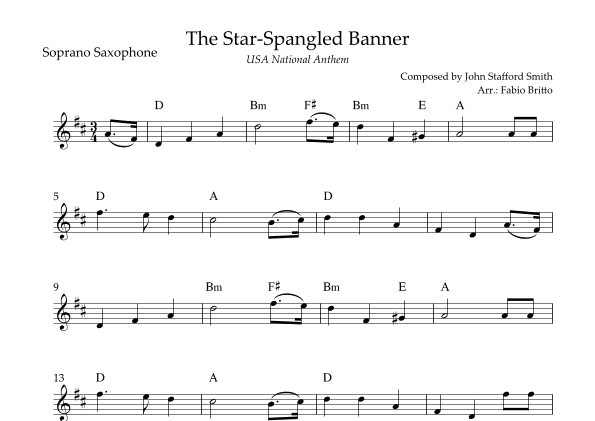 The Star Spangled Banner (USA National Anthem) for Soprano Saxophone Solo with Chords (C Major) (arr. Fabio Britto)